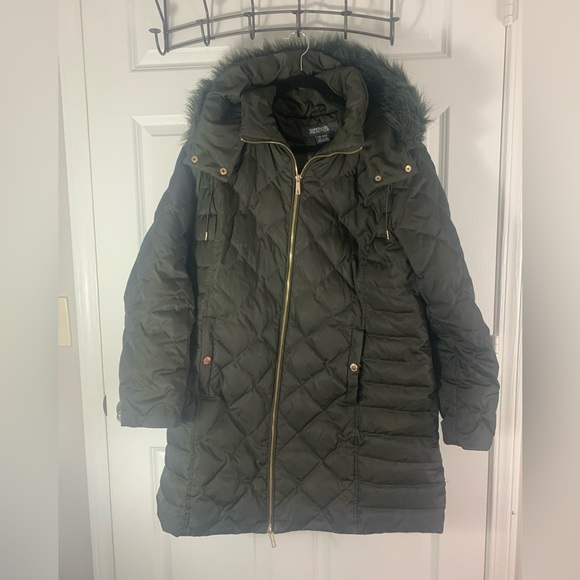 Kenneth Cole Reaction Dark Green Quilted Ling line Puffer Coat Faux Fur Hood XXL